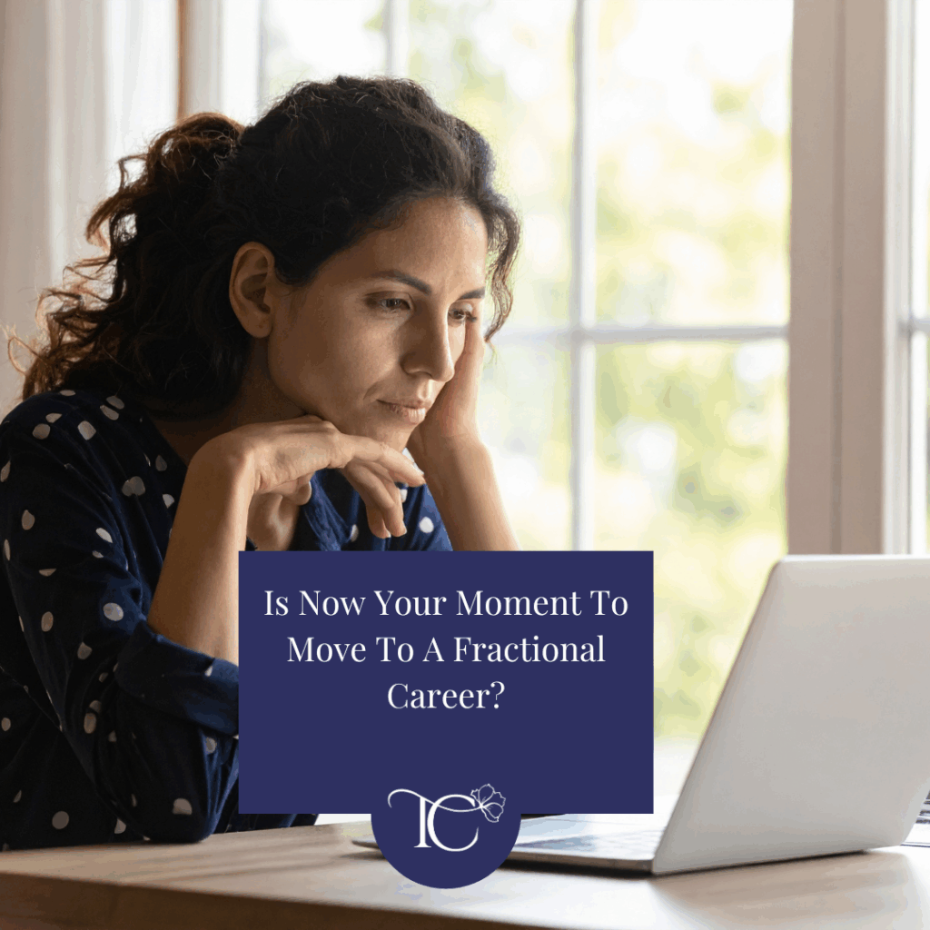 Thoughtful senior woman considering fractional work while employed full-time, working on a laptop in a calm professional setting
