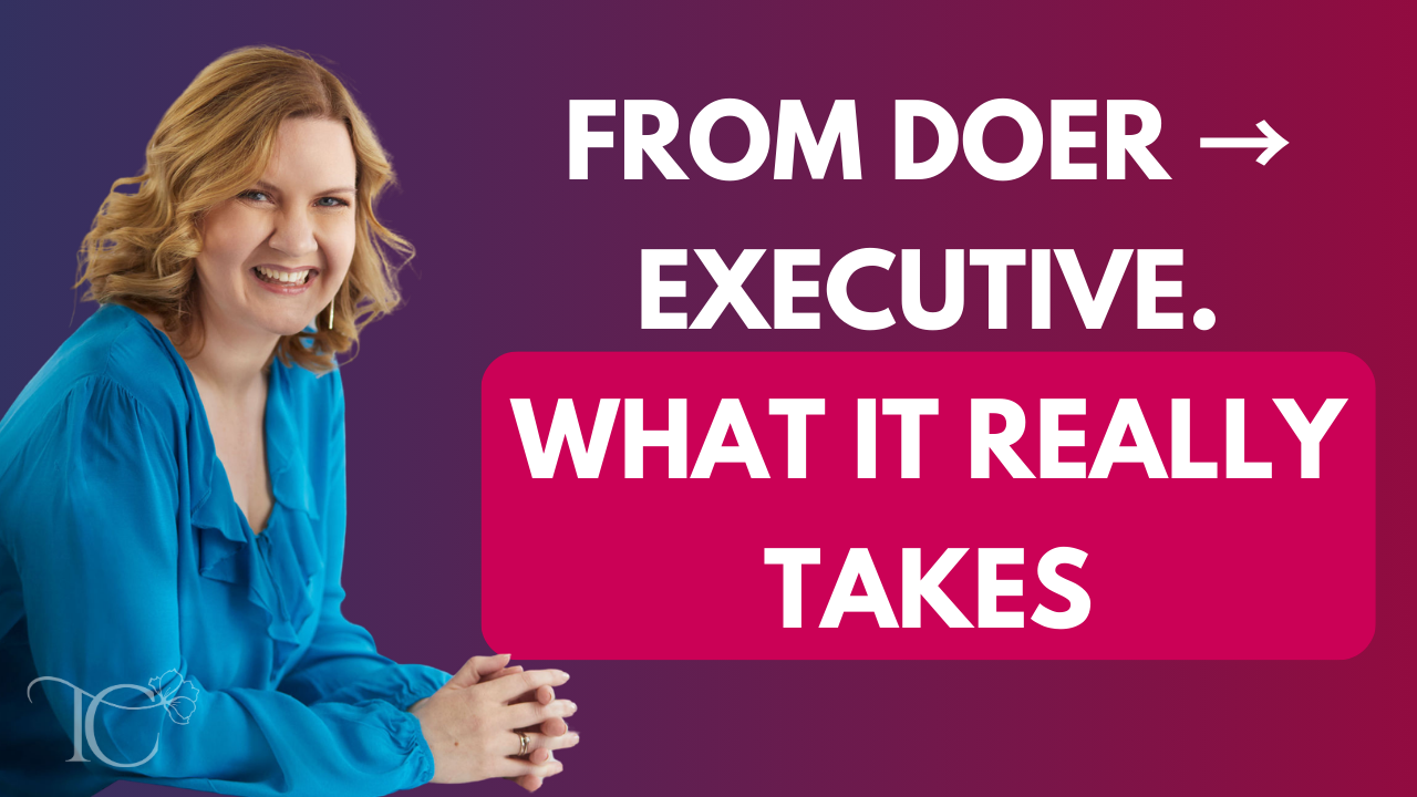 Executive leadership for women podcast episode about shifting from tactical management to strategic executive leadership in tech
